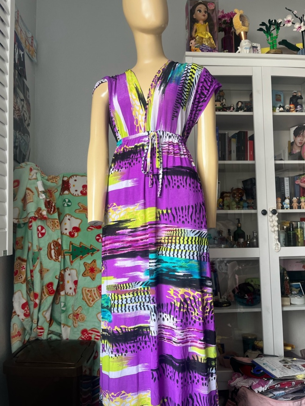 Purple Printed V-Neck Maxi Dress with Drawstring Waist
